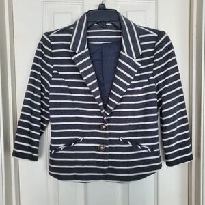 Cotton Blazer Grey White Striped Knit Structured Professional Workwear Preppy S‎
